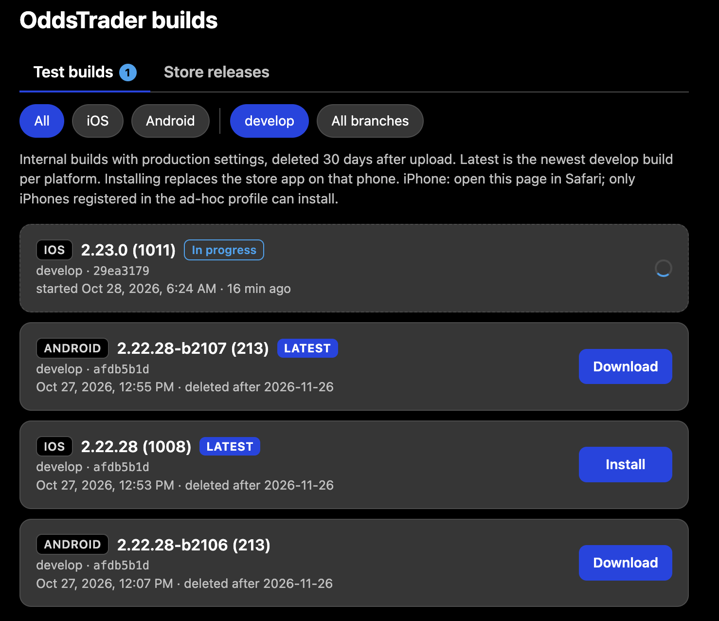 Builds page, Test builds tab: an iOS build in progress, then the latest Android and iOS builds with Download and Install buttons