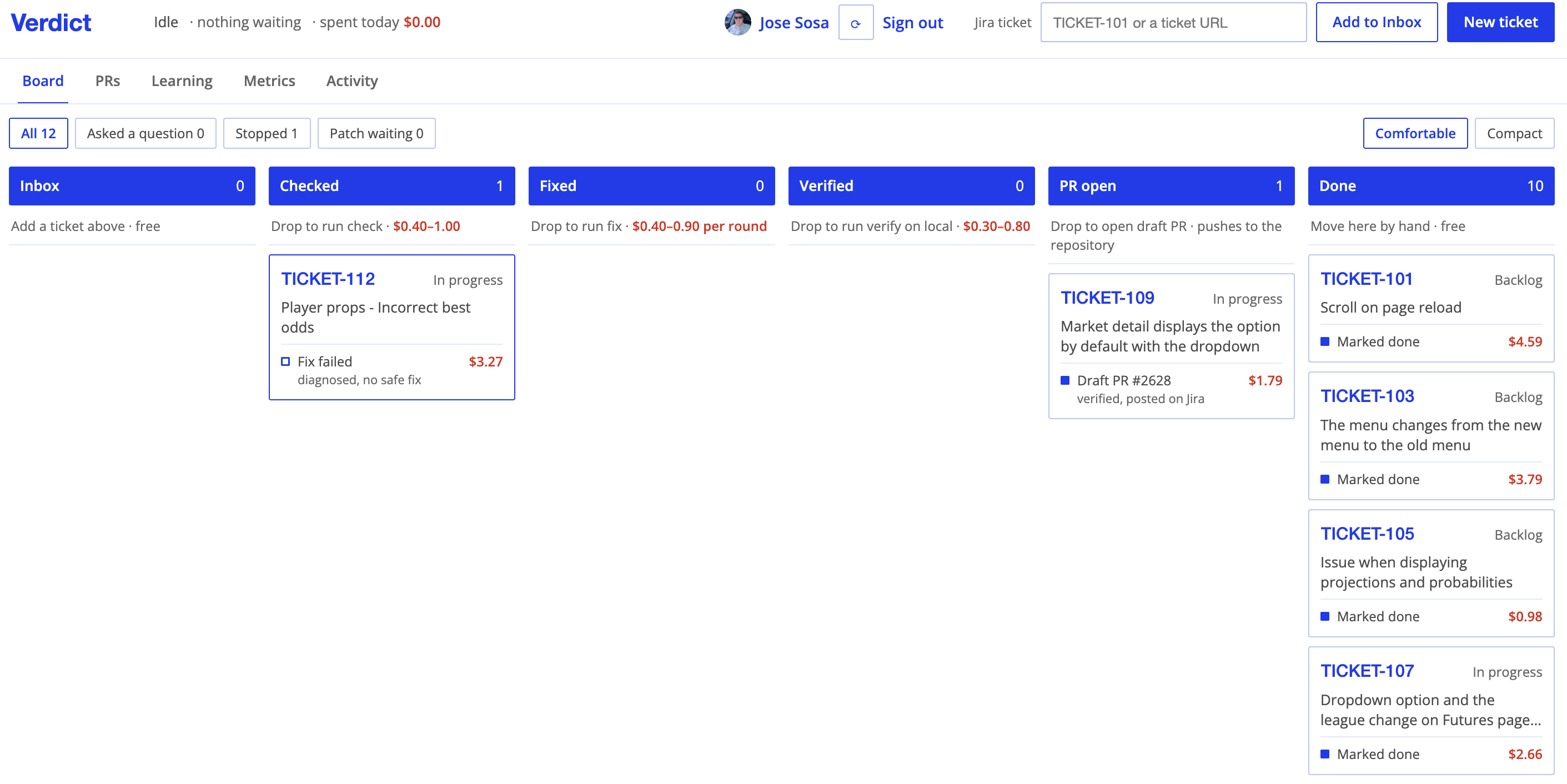 The board: tickets in columns Inbox, Checked, Fixed, Verified, PR open and Done, each card with its last result and AI cost